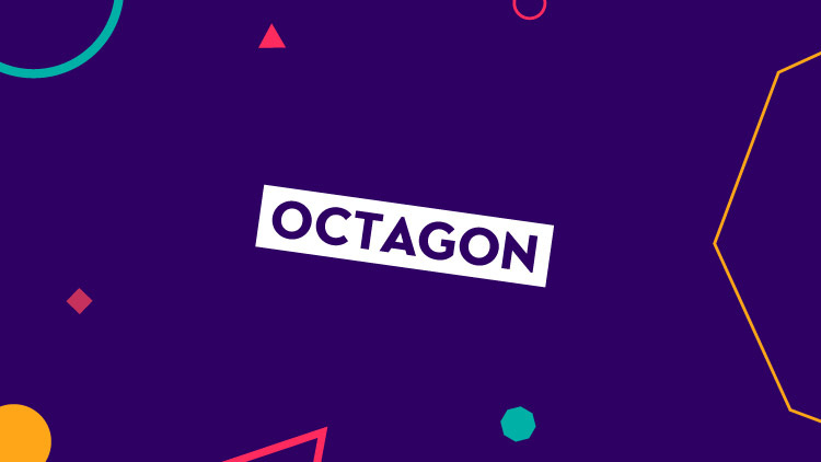 Octagon Theatre logo – which is the word 'Octagon' in a sans-serif font within a white rectangle, tilted 8 degrees clockwise. The logo is on a purple background surrounded by different sized brand shapes including hexagons, circles, square and triangles of different sizes in pink, yellow and aqua. Some shapes are our outlines and some are filled in with colour.