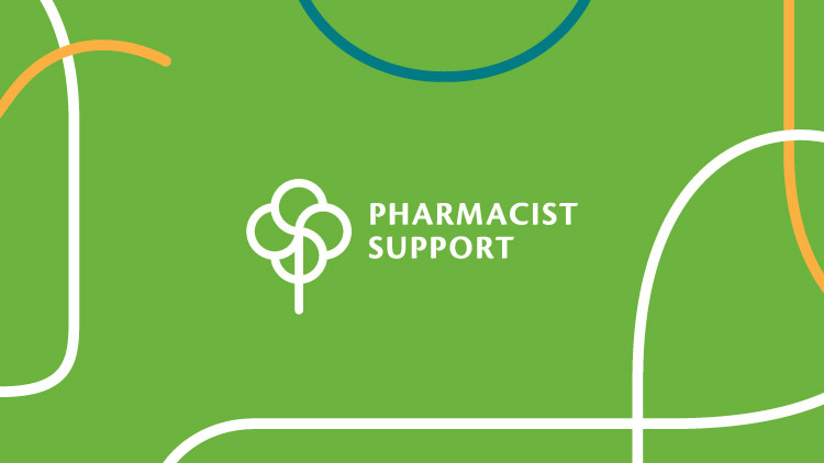 Pharmacist Support Logo on a green brand background surrounded by the brand assets lines in brand colours.