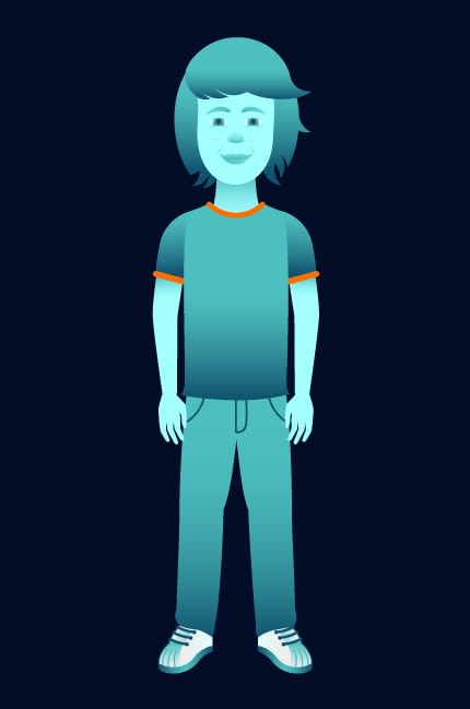 An illustration of a young white teenage boy wearing a t-shirt, jeans and trainers on a blue-purple dark blue background.