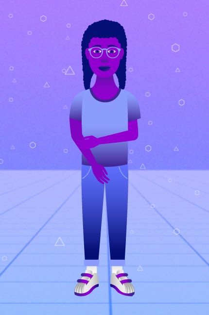 An illustration of a young black teenage girl wearing glasses, a t-shirt, jeans and trainers on a blue-purple 3D background.