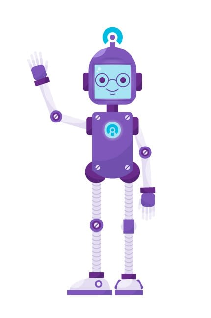 A happy purple robot waving.