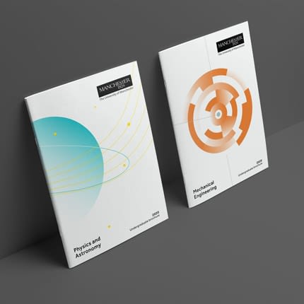 Physics and Astronomy brochure, and Mechanical Engineering brochure. Both have an abstract visual representation of each course on the cover. They are positioned upright against a grey background.
