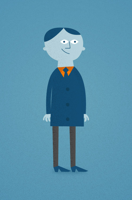 Illustration of a quirky cartoon-style male business person with light blue skin, a teal jacket, orange shirt and skinny legs with brown trousers on a medium blue background.