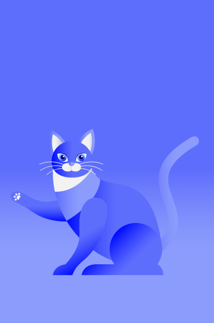 An illustration of a cat sat down with one paw in the air and a wavy tail.