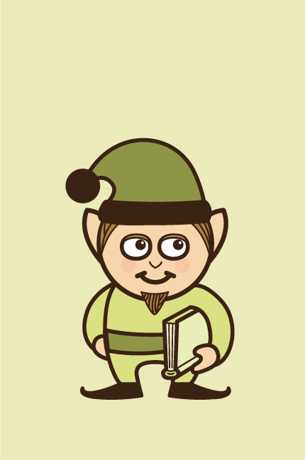 Illustration of the 'Mental Elf' wearing a green outfit with a green elf hat. He is smiling, has a small chin goatee and is carrying a book.