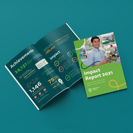 An image of 2 A4 Impact Reports for Pharmacist Report. One is closed and shows the front cover, the other is open and shows a double page infographic.