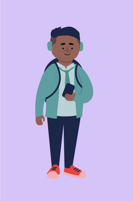 An illustration of a a young Asian teen male wearing a red hoody, navy rousers and red trainsers. He also has over-ear head phones on and is looking at his phone.