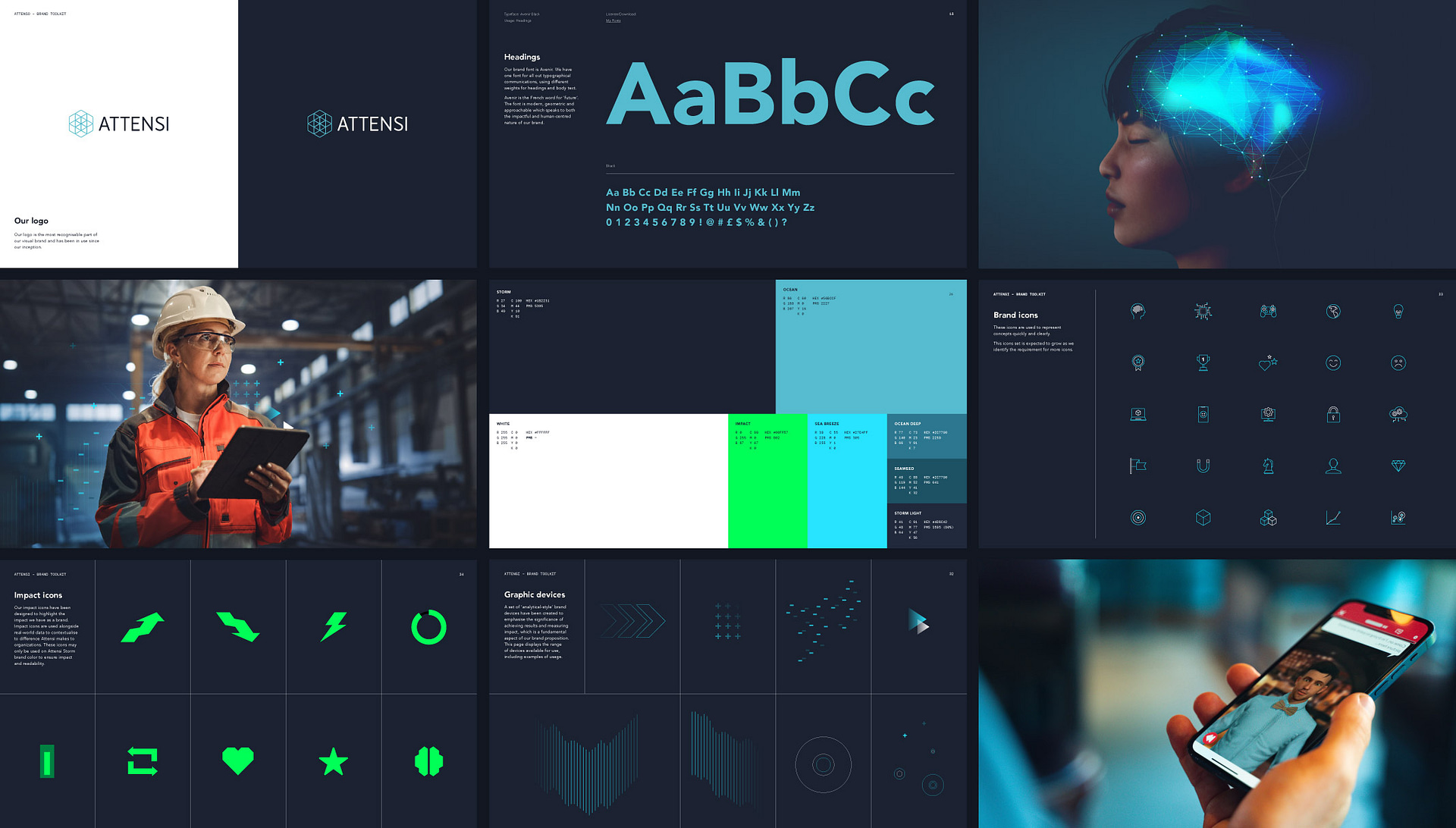 Sample pages from Attensi brand guidelines including logo usage, typography, brand colour palette, imagery, icons and graphic devices.