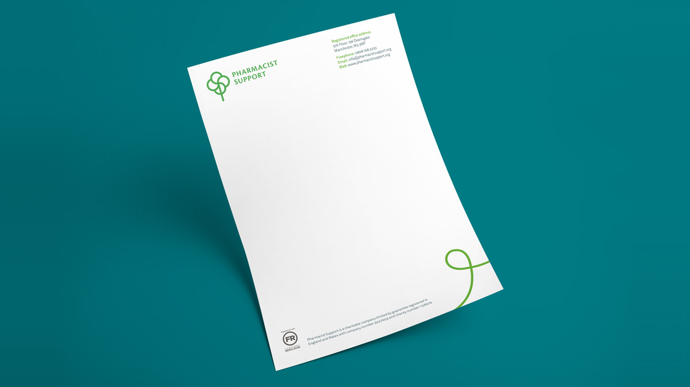Pharmacist Support letterhead with logo at the top left and a green brand swirl at the bottom right.
