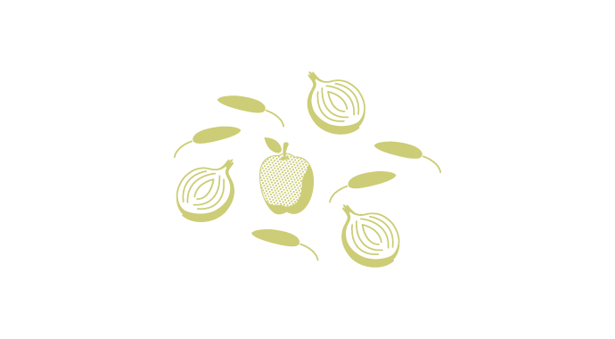 Great British Butcher ingredients illustrations for their Apple, Sage and onion Rub. The illustration is of an apple, 3 onions and multiple sage leaves, in 2 colours; light green and cream.