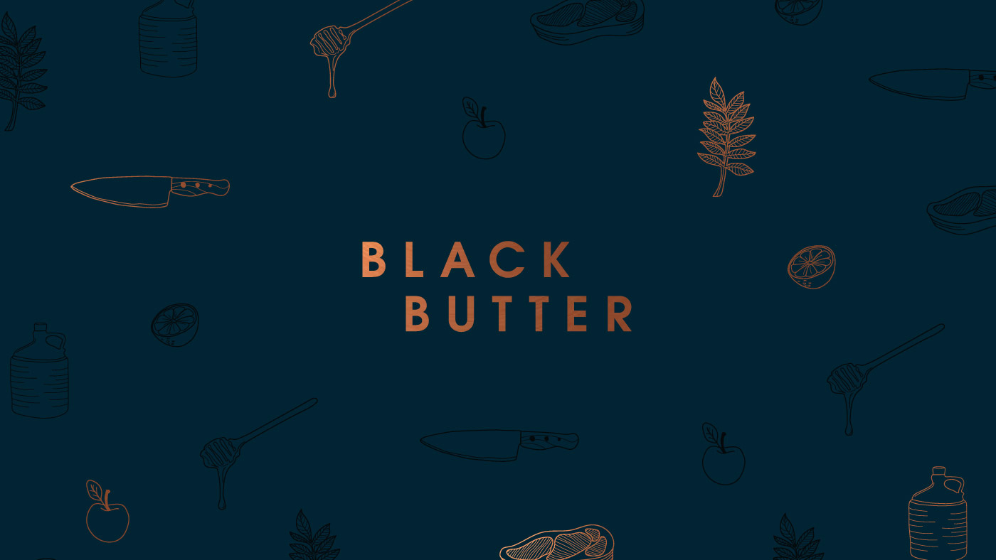 The Black Butter logo. Displayed in the brand colour pf copper and set in capital letters. The background is a dark teal. There are brand illustrations surrounding the logo which include a liquorice leaf, a lemon cut in half, a honey drizzler with honey dripping off, a chef's knife, a steak, an apple and a cider demijohn.