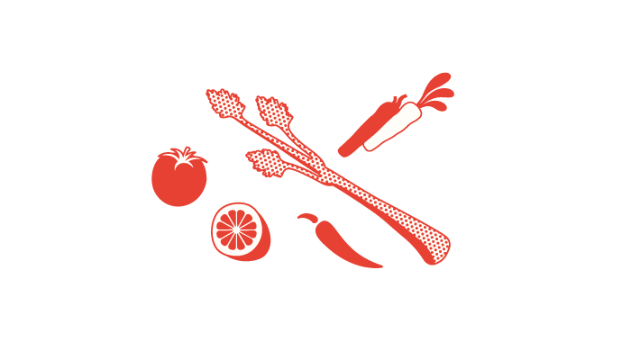 Great British Butcher ingredients illustrations for their Bloody Mary Rub. The illustration is of a large celery stalk, a tomato, a lemon and a chilli, in 2 colours; red and cream.
