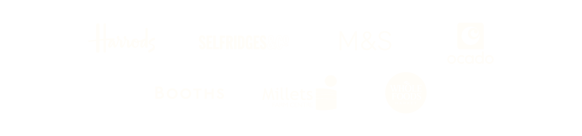 Logos: Harrods, Selfridges, Marks and Spencers, Ocado, Booths, Millets, Whole Foods.
