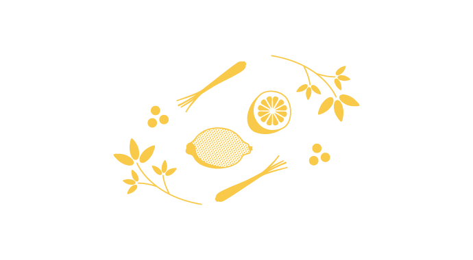 Great British Butcher ingredients illustrations for their Lemon and Thyme Crumb. The illustration is of a whole lemon, a half lemon and a couple of thyme stems, in 2 colours; dark green and cream.