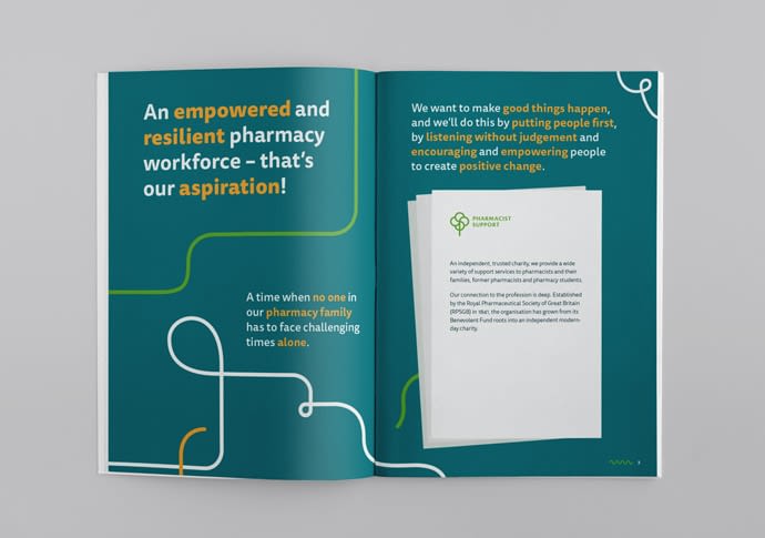 Pharmacist Support 5 Year Strategy document double page spread with introduction text reading: “An empowered and resilient pharmacy workforce – that’s our aspiration!”