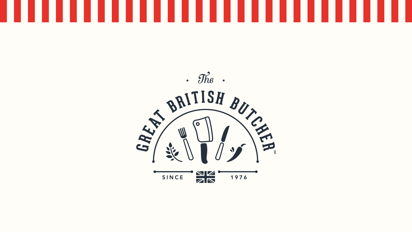The Great British Butcher logo in an almost black shade of blue on a cream background. The logo is made up of the logotype as semi-circle arching over a chopping cleaver, life and fork, a herb and a chilli. Under the main logo there is type that reads ‘Since 1976’ on either side of a small Union Jack flag.