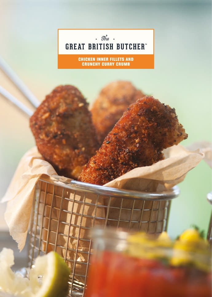 The front of a branded recipe card, presenting chicken inner fillets - prepared with Crunchy Curry Crumb served in a mini frying basket.
