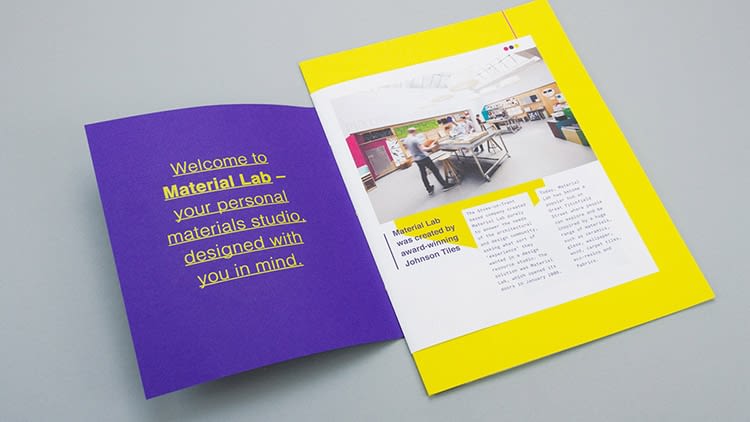 The first inside page has the following text on the inside cover: "Welcome to Material Lab – your personal materials studio, designed with you in mind". The next page is larger than the front page, and the page following is larger again - so that the different page sizes can be seen from from opening the booklet. The following page is white and display a photograph of Mat Lab. as well as textual information. The page behind it is Colorplan Factory Yellow.