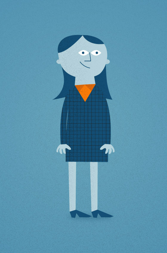 Illustration of a quirky cartoon-style female business person with light blue skin, a teal dress, orange shirt and skinny legs on a medium blue background.